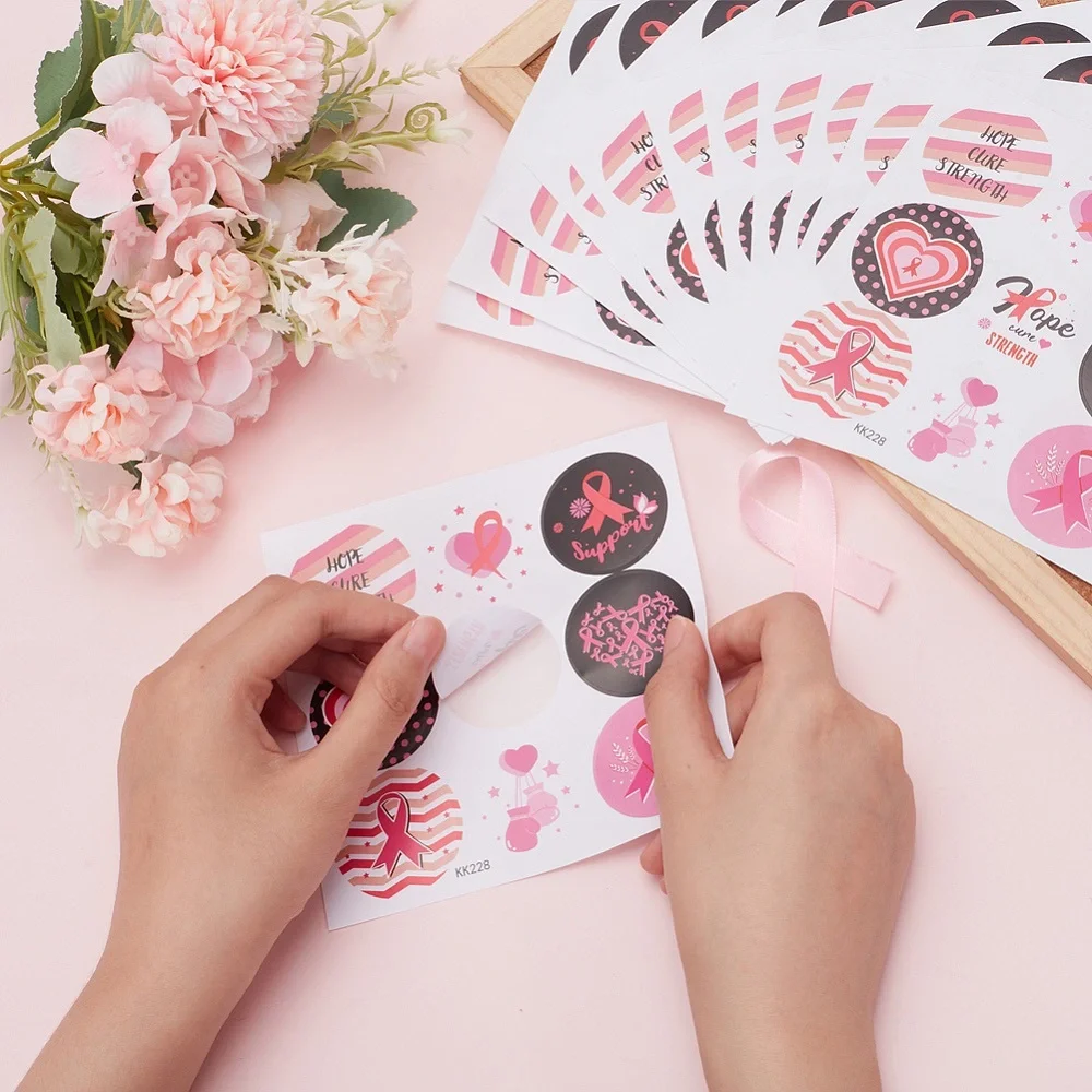 180 Pink Ribbon Support Stickers, Hope Cure Strength
